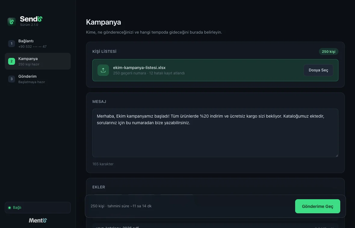 Kampanya adımı: Excel listesi yüklenmiş, mesaj yazılmış, tempo seçili