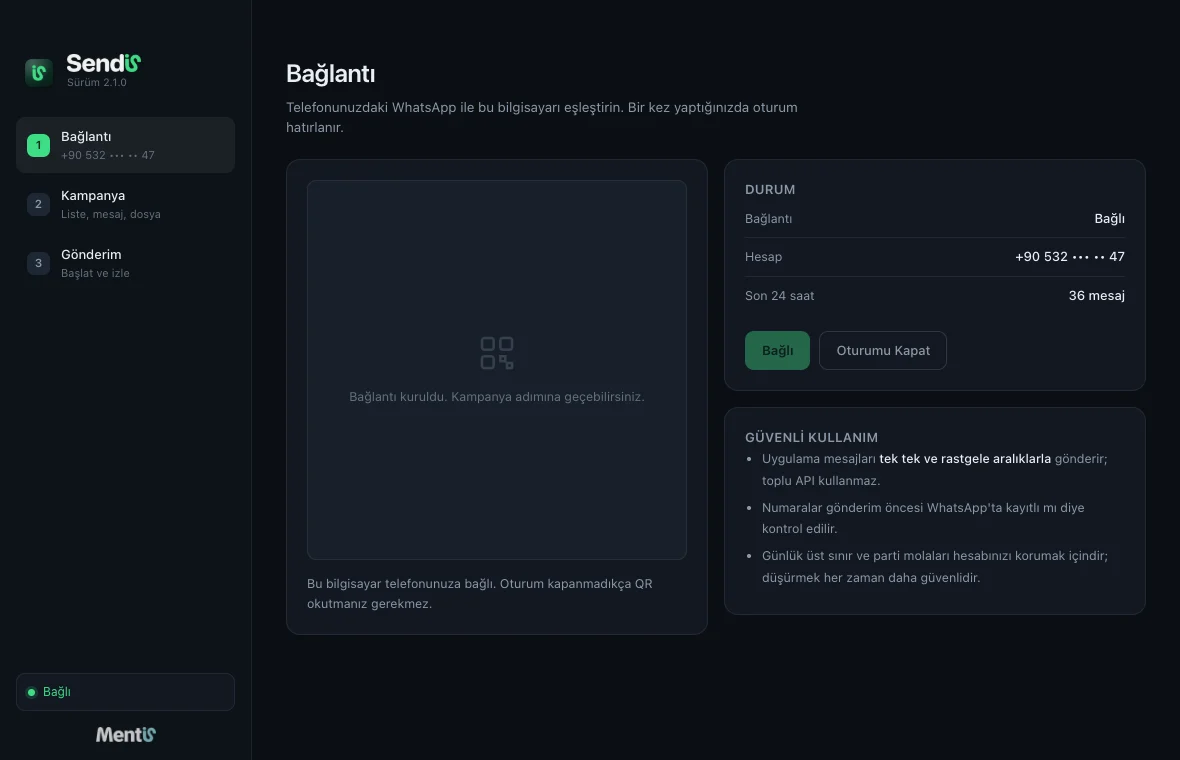 Bağlantı adımı: QR ile telefondaki WhatsApp eşleştirilir, durum bağlı görünür